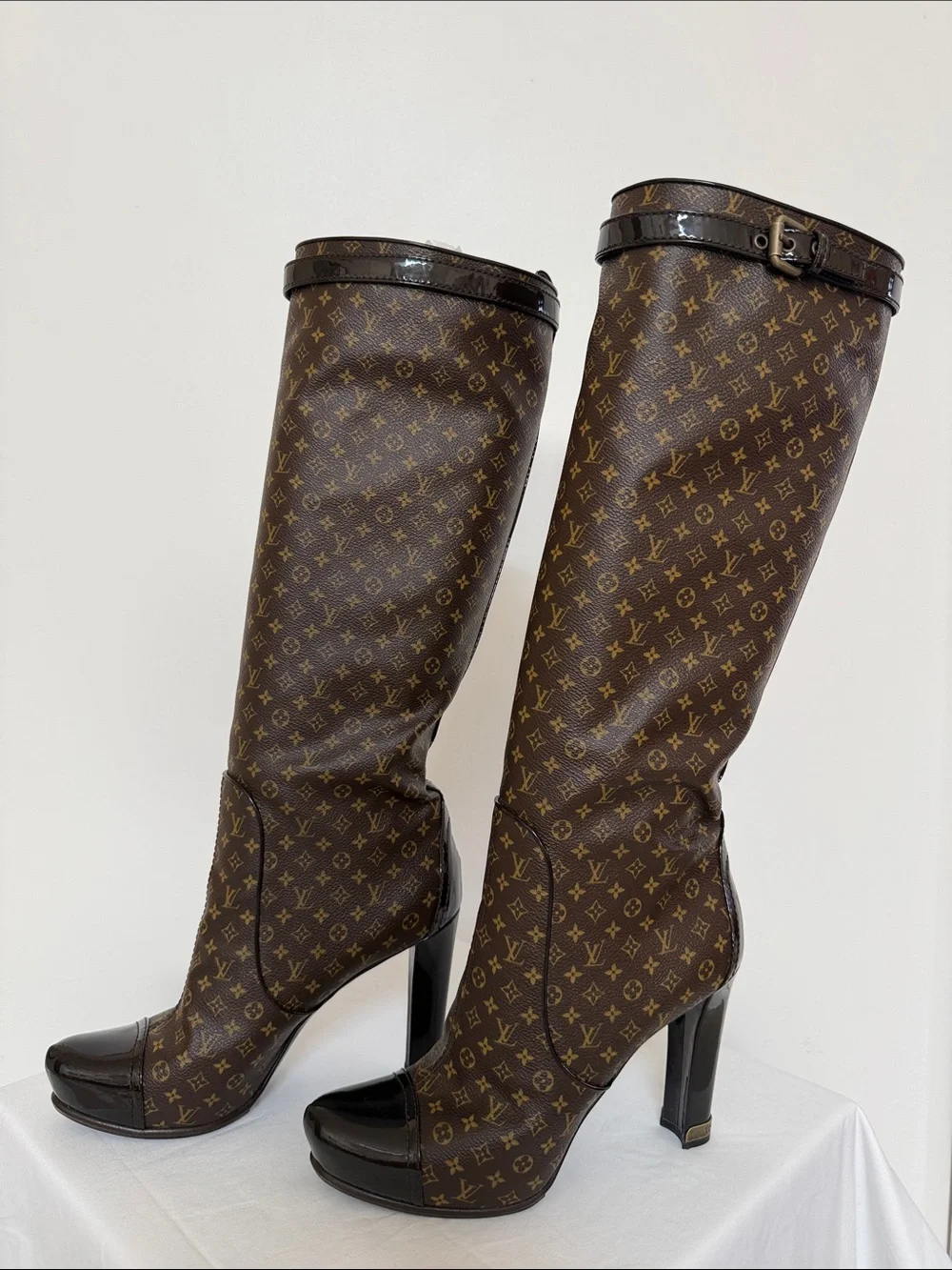 Louis Vuitton Brown Monogram Over-the-Knee Boots with Black Patent Trim